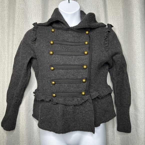 Ann Taylor Loft‎ Jacket XL Grey Wool Military Coat Ruffled Brass Buttons Sweater - Picture 1 of 10